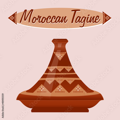 Moroccan Tagine (ceramic pot). Tajine is one of the most famous kitchen utensils in the world. Moroccan dish. Vector illustration. photo