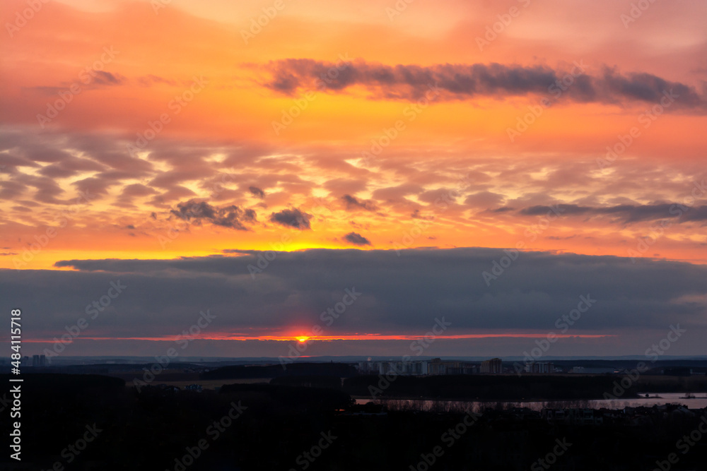 Colorful panoramic sky during sunrise and sunset. beautiful clouds over the city