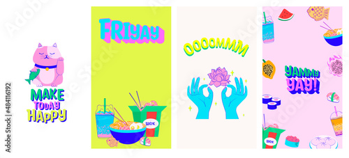Collection of vertical background for social media content , instagram stories with Asian illustration. Editable Vector Illustration.