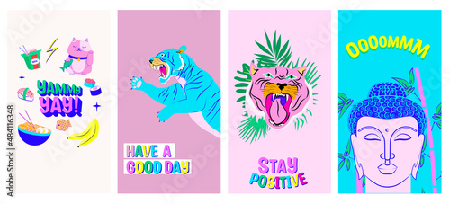Collection of vertical background for social media content , instagram stories with Asian illustration. Editable Vector Illustration.