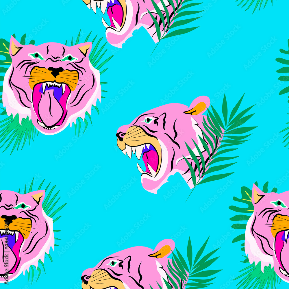 Fototapeta premium Seamless pattern with colorful tiger and palm leaf. Editable vector illustration.