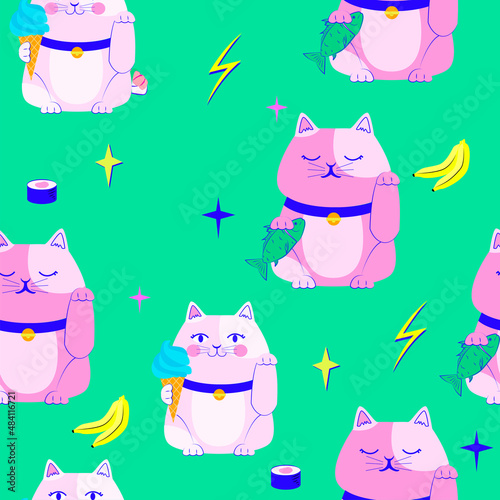 Seamless pattern with cute Japanes lucky cat "Maneki neko" with fish and ice cream. Editable vector illustration.
