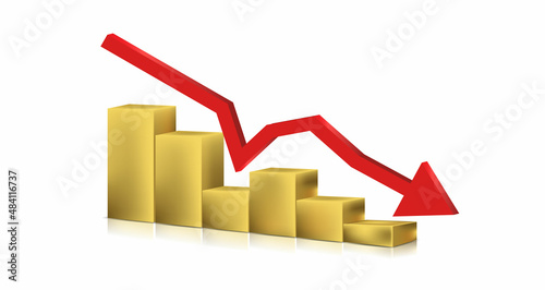 3D illustration of a red stock chart or stock price drop (bearish) with gold bars and red arrows, isolated on a white background