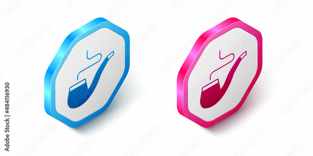 Isometric Smoking pipe with smoke icon isolated on white background. Tobacco pipe. Hexagon button. Vector Isometric Smoking pipe with smoke icon isolated on white background. Tobacco pipe. Hexagon button. Vector