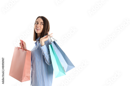 Woman with shop bags isolated on white background