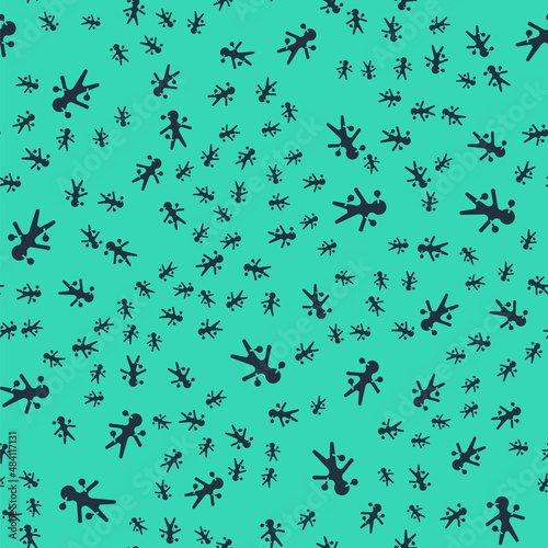 Black Voodoo doll icon isolated seamless pattern on green background. Vector