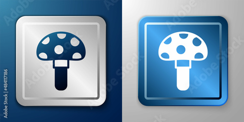 White Psilocybin mushroom icon isolated on blue and grey background. Psychedelic hallucination. Silver and blue square button. Vector