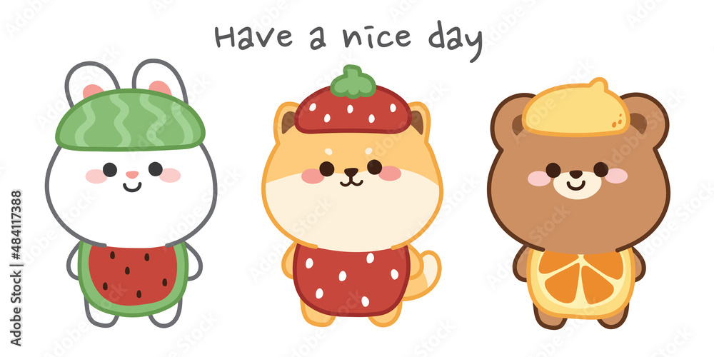 Set of cute animal in fruit costume hand  character design. ,dog, melon,strawberry,  ..Illustration. Stock Vector |  Adobe Stock