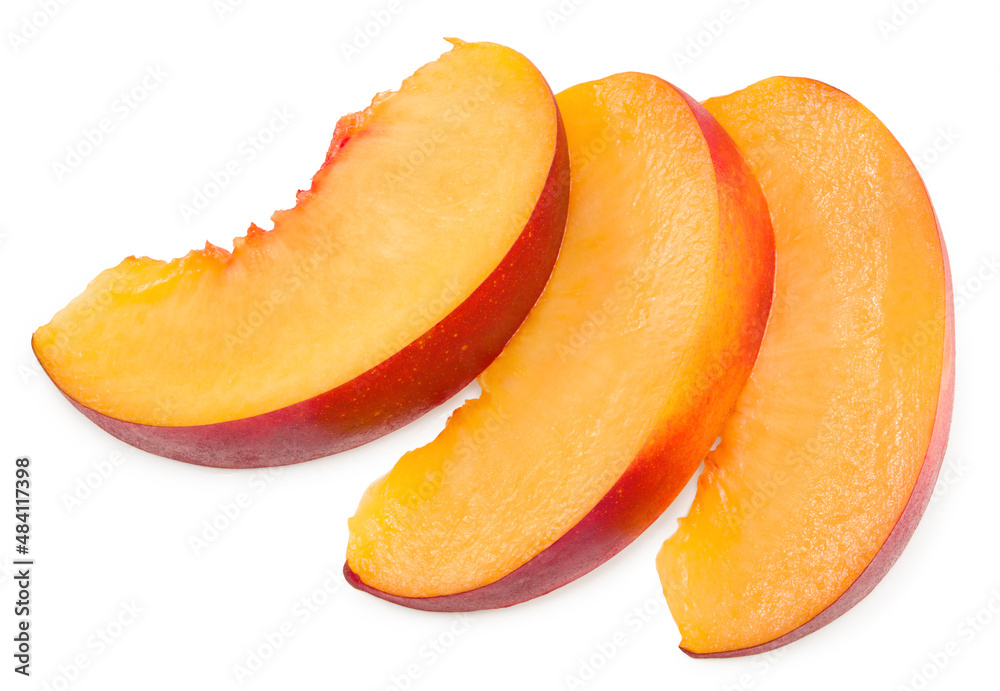 Piece of nectarine isolated on white background. clipping path Piece of nectarine isolated on white background. clipping path