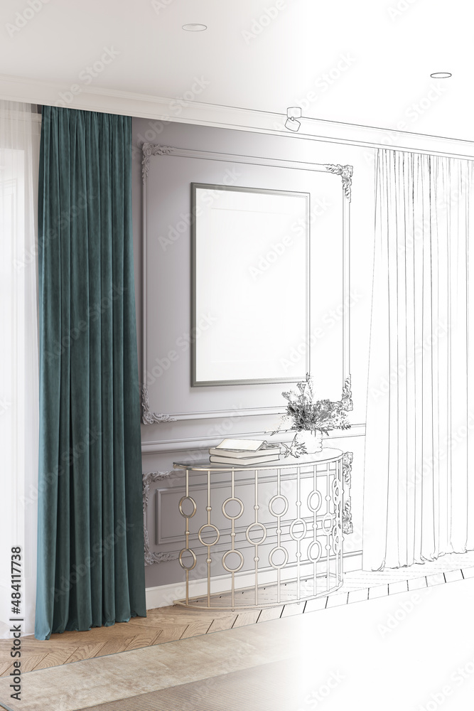 A sketch a real modern classic room with a blank vertical