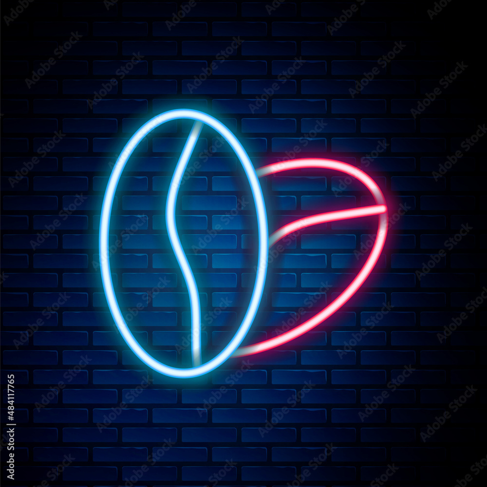 Glowing neon line Coffee beans icon isolated on brick wall background. Colorful outline concept. Vector