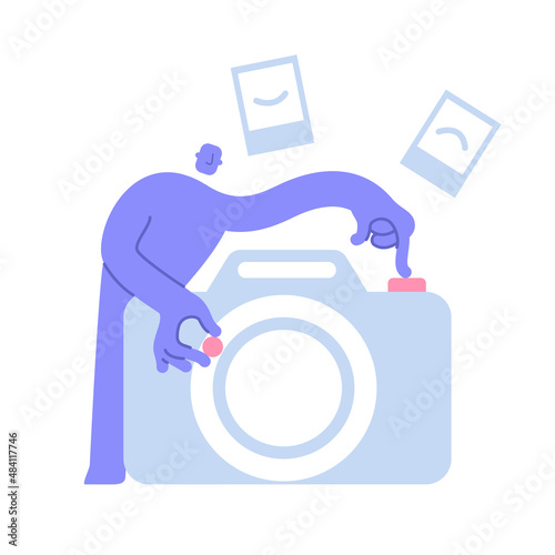 Flat modern character takes photos on camera. Artistic hobby and photography class, photography courses, tutorials. Business Concept illustration with man taking part in business activities.