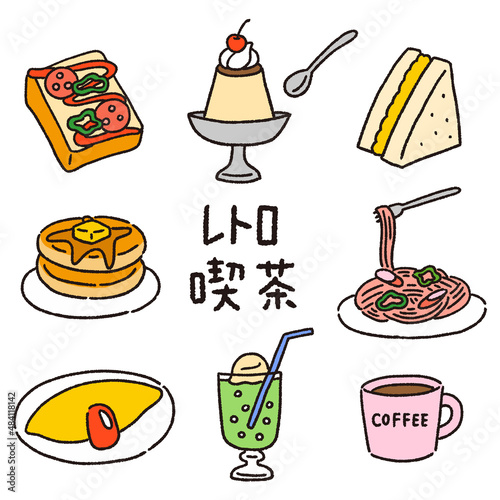 レトロな喫茶店の食べ物　かわいい手描き風線画イラスト