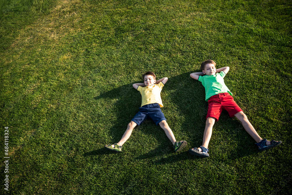 Picture of two brother having fun in the park, two cheerful children laying down on green grass, little boy and his friend playing outdoors, best friends, happy family, love and happiness concept