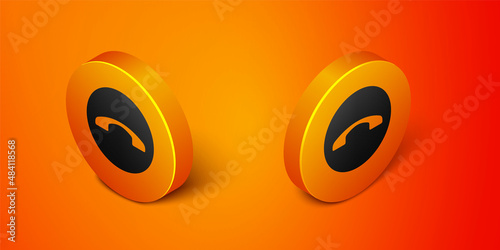 Isometric Telephone handset icon isolated on orange background. Phone sign. Orange circle button. Vector