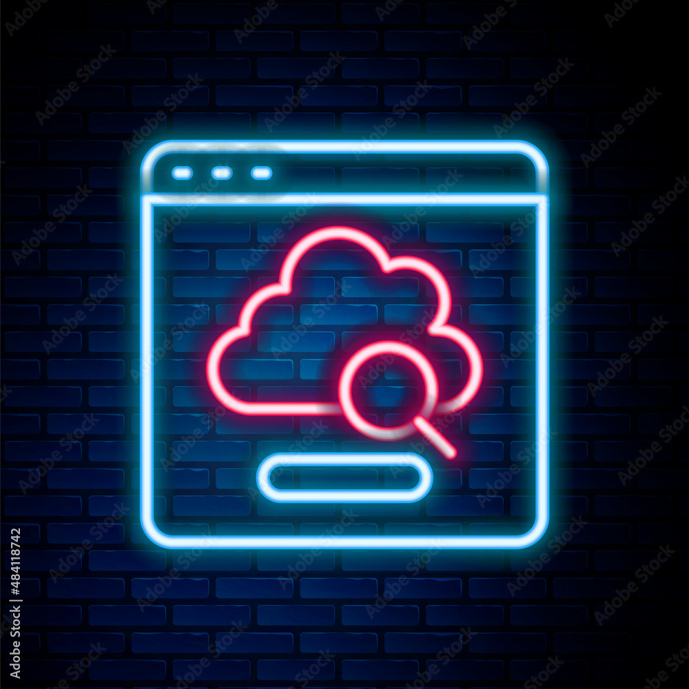 Glowing neon line Cloud technology data transfer and storage icon isolated on brick wall background. Colorful outline concept. Vector