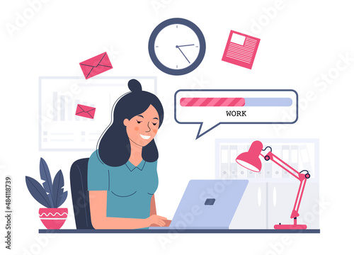 Illustration of work in progress. A woman working on a computer. Vector illustration.