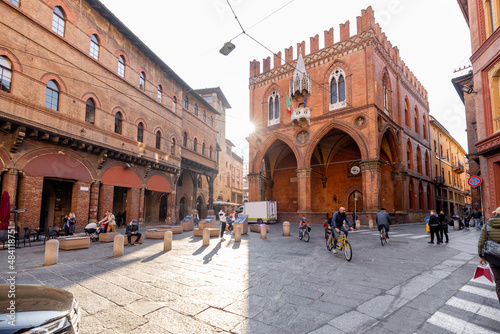 Street view of the old town in Bologna city during the morning time. Traveling Italy concept photo