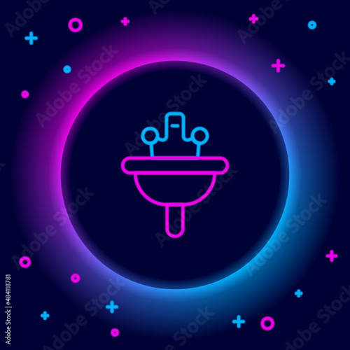 Glowing neon line Washbasin with water tap icon isolated on black background. Colorful outline concept. Vector