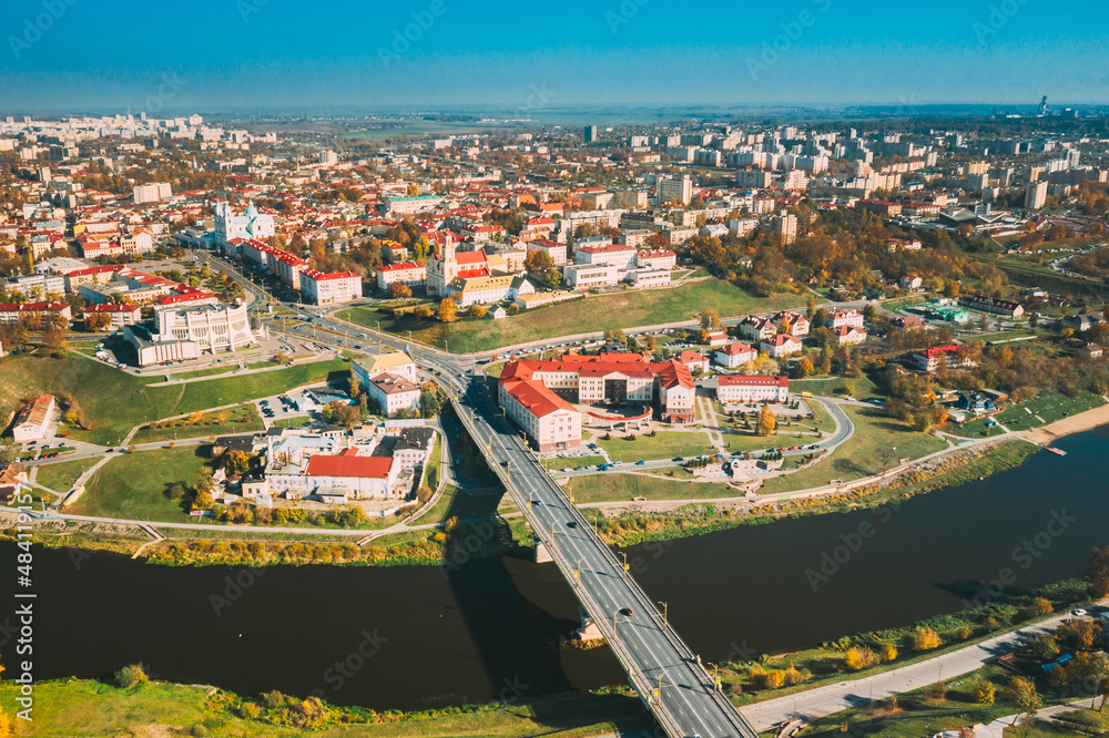 Grodno, Belarus. Aerial Bird's-eye View Of Hrodna Cityscape Skyline. Famous Popular Historic Landmarks In Sunny Autumn Day.Grodno, Belarus. Aerial Bird's-eye View Of Hrodna Cityscape Skyline. Famous