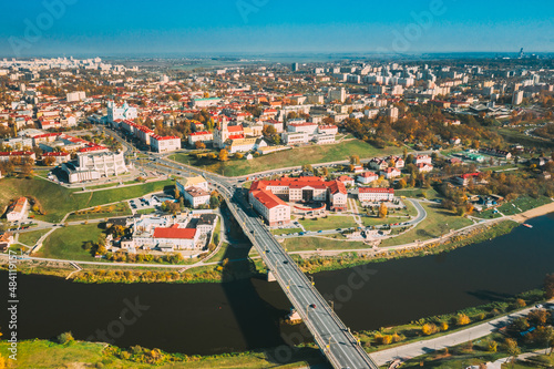Grodno, Belarus. Aerial Bird's-eye View Of Hrodna Cityscape Skyline. Famous Popular Historic Landmarks In Sunny Autumn Day.Grodno, Belarus. Aerial Bird's-eye View Of Hrodna Cityscape Skyline. Famous