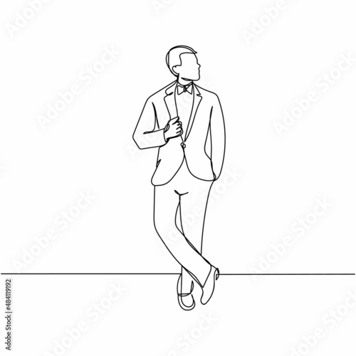 The Artists Continuous one simple single abstract line drawing of elegant handsome business man icon in silhouette on a white background. Linear stylized.