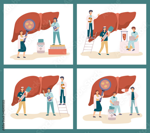 Set of doctors examine liver and treat hepatitis, flat vector illustration isolated on white background.