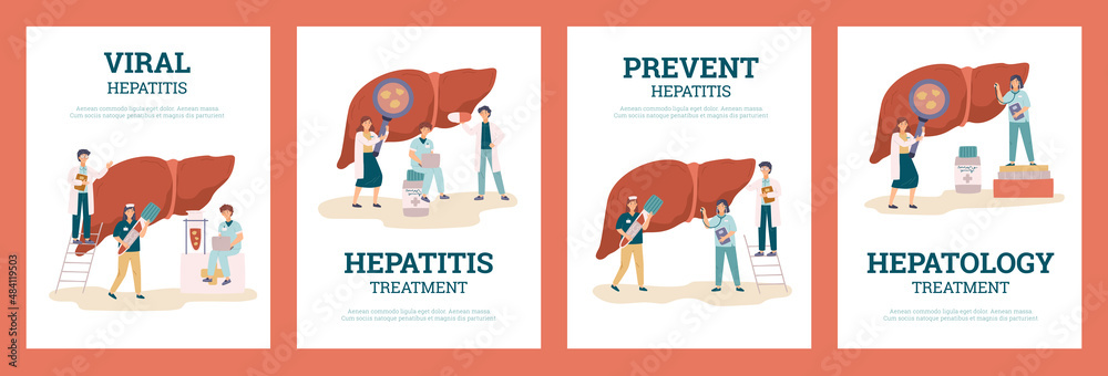 Set of posters with doctors and nurses examine liver, flat vector illustration isolated on white background. Set of posters with doctors and nurses examine liver, flat vector illustration isolated on white background.