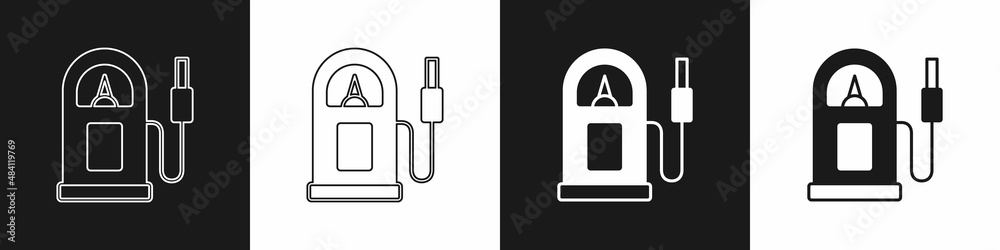 Set Petrol or gas station icon isolated on black and white background. Car fuel symbol. Gasoline pump. Vector Set Petrol or gas station icon isolated on black and white background. Car fuel symbol. Gasoline pump. Vector