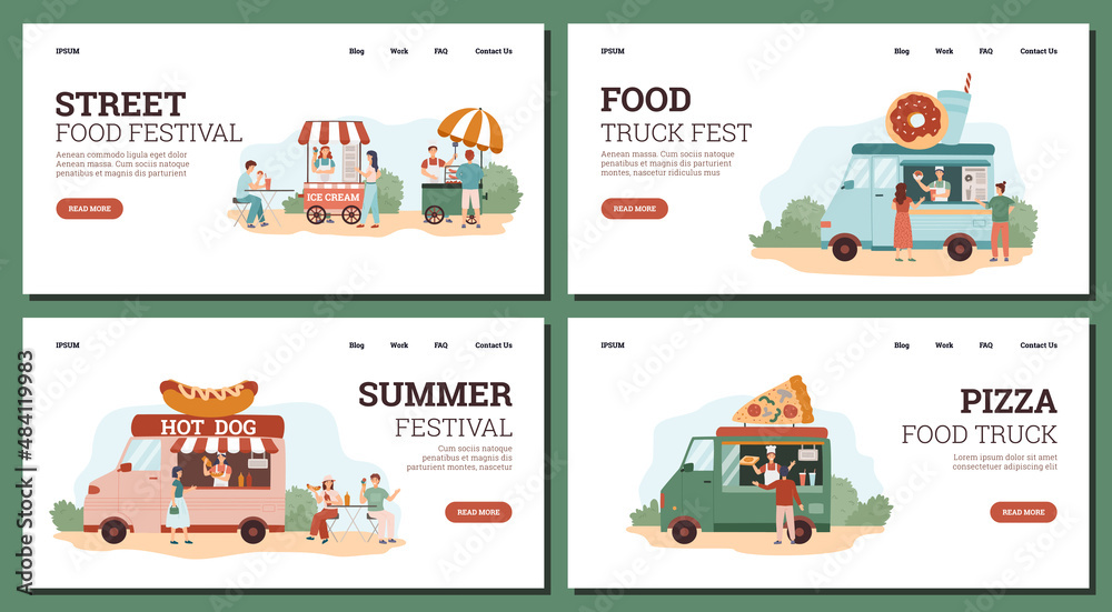 Set of street food festival landing pages templates, flat vector illustration.