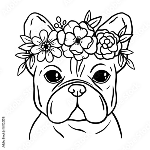 French bulldog black and white hand drawn portrait. Bulldog with wreath of flowers. Crown of flowers. French bulldog face in line. Dog head. Cute muzzle French Bulldog.