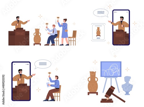 Auction bid with people hold paddle and auctioneer uses hammer, flat vector illustration isolated on white background.
