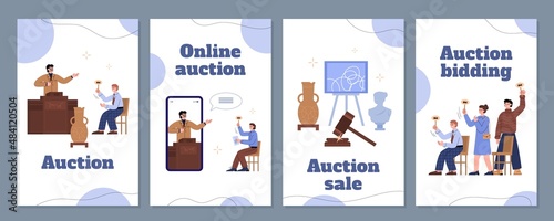 Set of vector flat cartoon illustrations for landing page about auction, online auction and bidding.