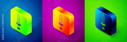 Isometric Medieval sword icon isolated on blue, purple and green background. Medieval weapon. Square button. Vector