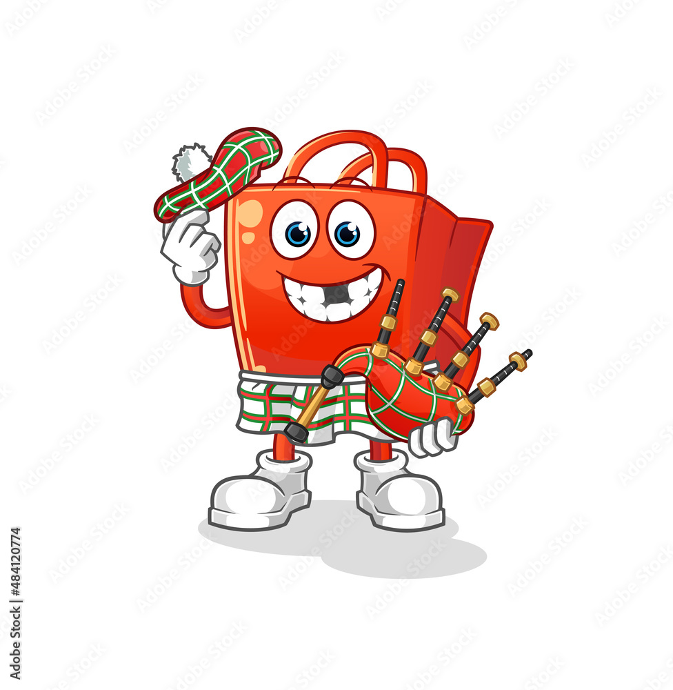 shopping bag scottish with bagpipes vector. cartoon character
