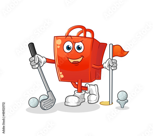 shopping bag playing golf vector. cartoon character