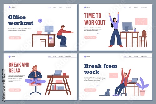 Set of vector web templates where men and women do exercises in workplace. Illustration of healthy sports break for employees.