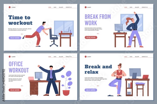 Office sport break webpages collection, flat cartoon vector illustration.