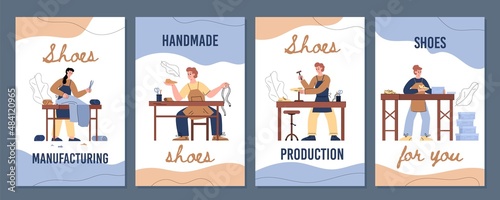 Handmade shoes manufacturing workshop pages kit, flat vector illustration.