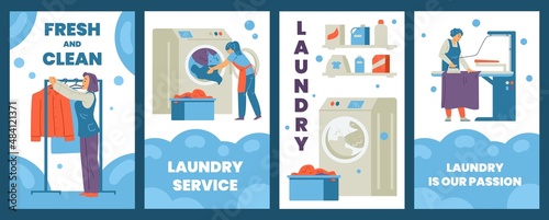 Banners or posters set of dry clean and laundry, flat vector illustration.
