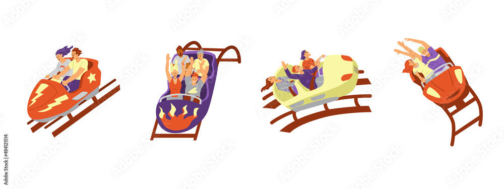 Set of people ride rollercoaster in amusement park, flat vector ...