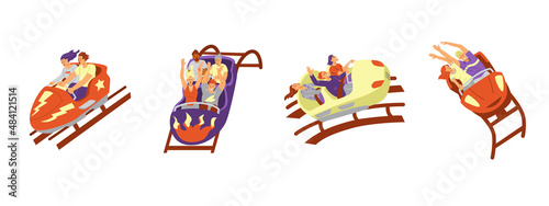 Set of people ride rollercoaster in amusement park, flat vector illustration isolated on white background.