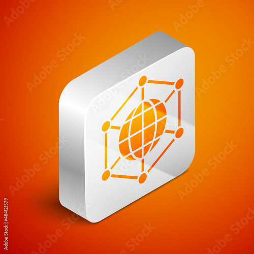 Isometric Global technology or social network icon isolated on orange background. Silver square button. Vector