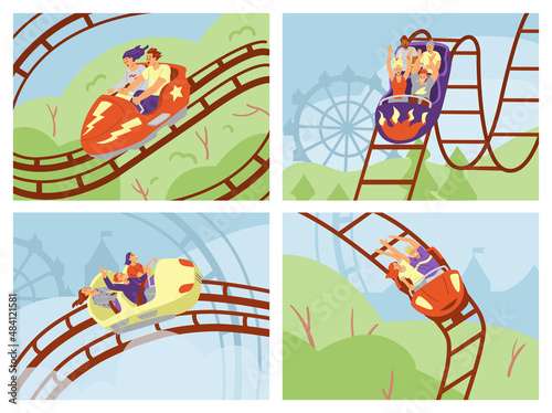 Roller coaster poster set in flat vector illustration on colored background.