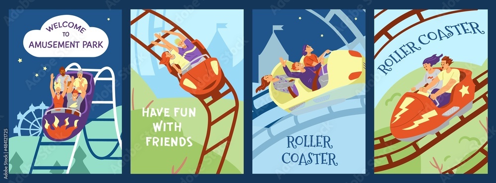 Set of posters with happy people riding rollercoaster, flat vector illustration.