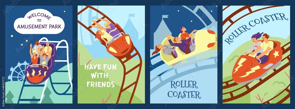 Fototapeta premium Set of posters with happy people riding rollercoaster, flat vector illustration.