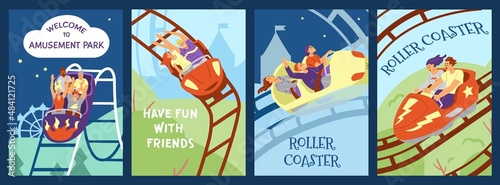 Set of posters with happy people riding rollercoaster, flat vector illustration. © Kudryavtsev