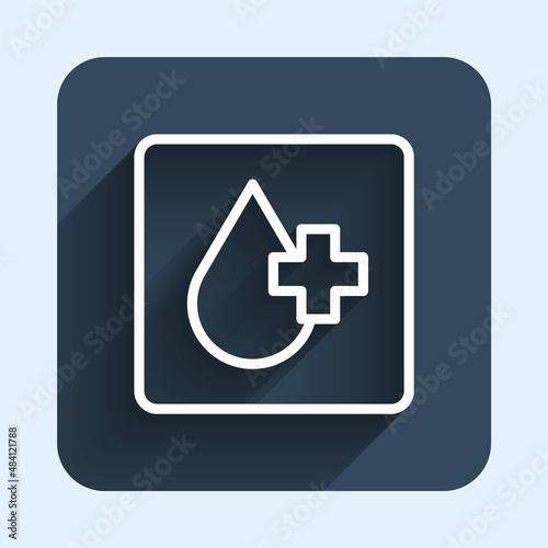 White line Blood test and virus molecule coronavirus icon isolated with long shadow background. Coronavirus, COVID-19. 2019-nCoV. Blue square button. Vector
