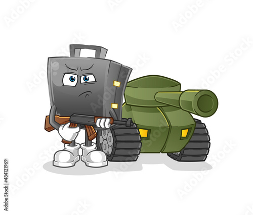 briefcase soldier with tank character. cartoon mascot vector