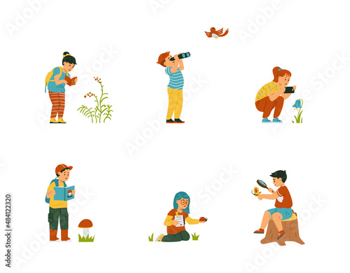 Set with different schoolchildren or preschoolers studying world in flat vector